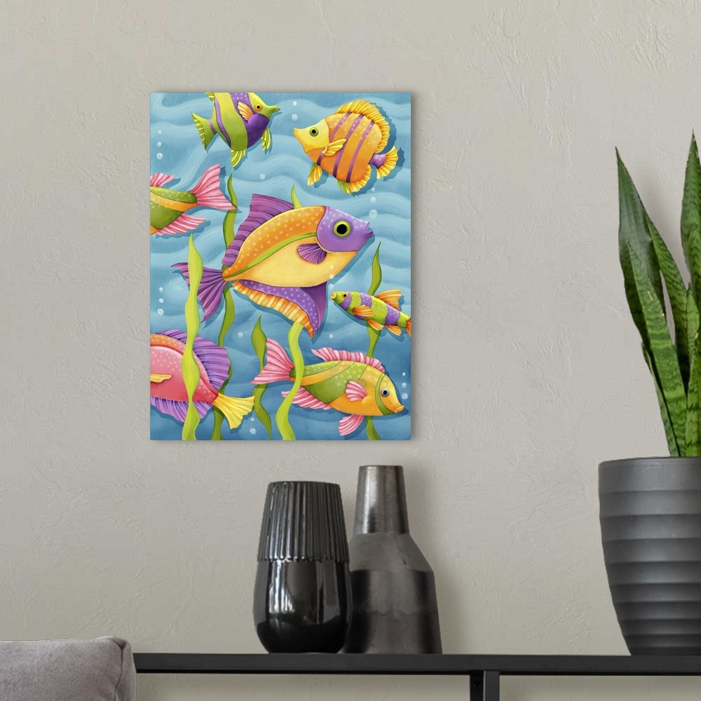 A modern room featuring Fun, colorful tropical fish art, great for kids room, bathrooms, cabanas, etc.