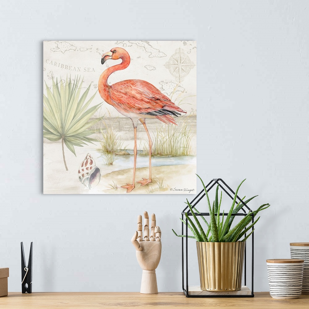 A bohemian room featuring Softly hued scene featuring a striking pink flamingo is a subtle and tasteful coastal statement.