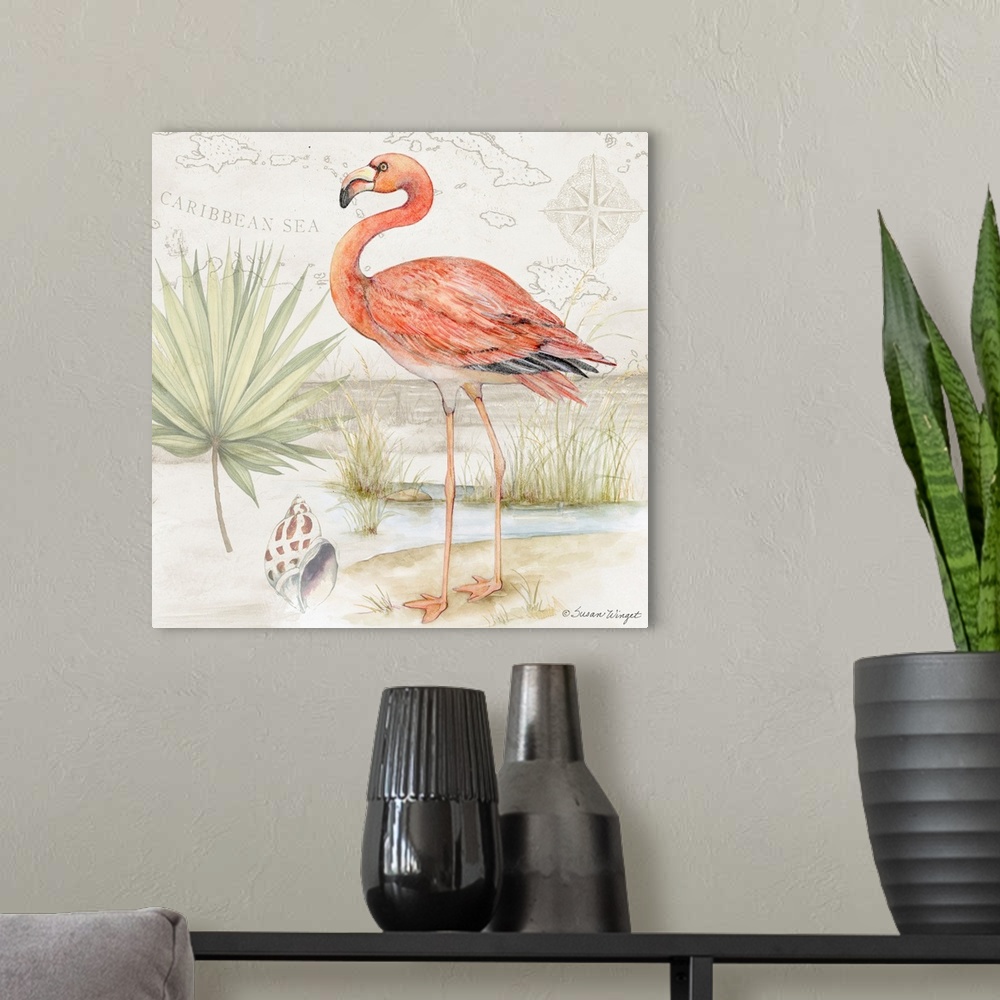 A modern room featuring Softly hued scene featuring a striking pink flamingo is a subtle and tasteful coastal statement.