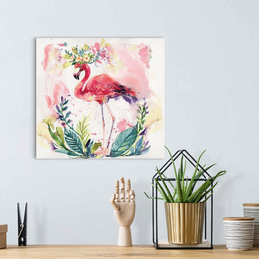 A bohemian room featuring The classic flamingo is given a colorful and lush treatment