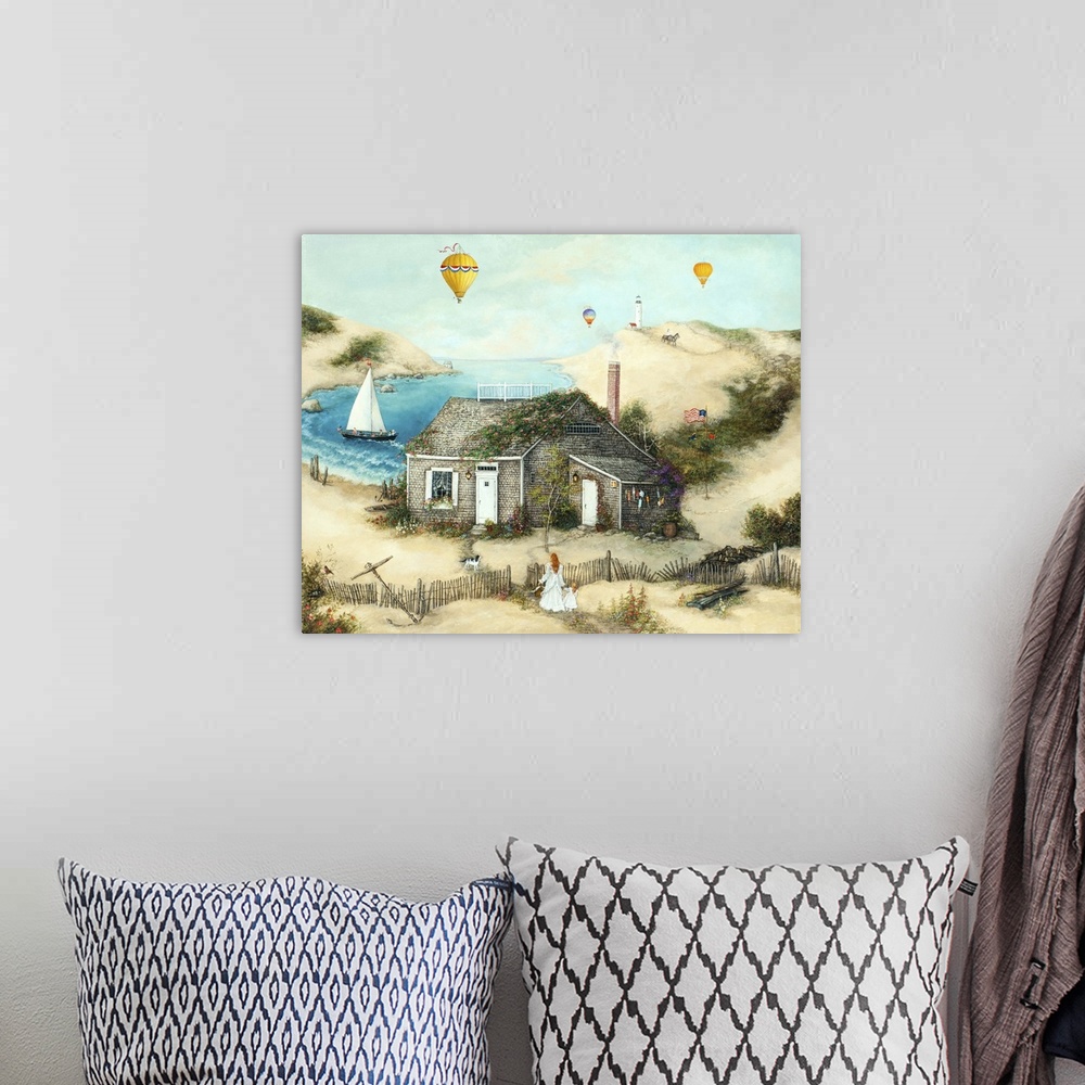 A bohemian room featuring A contemporary painting of a bay side cottage scene.