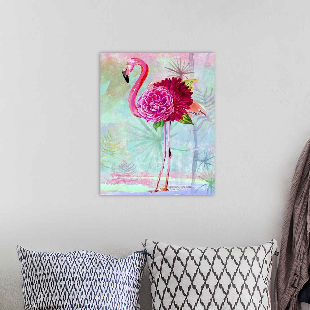 A bohemian room featuring Pink flamingo made out of flowers on a tropical background.
