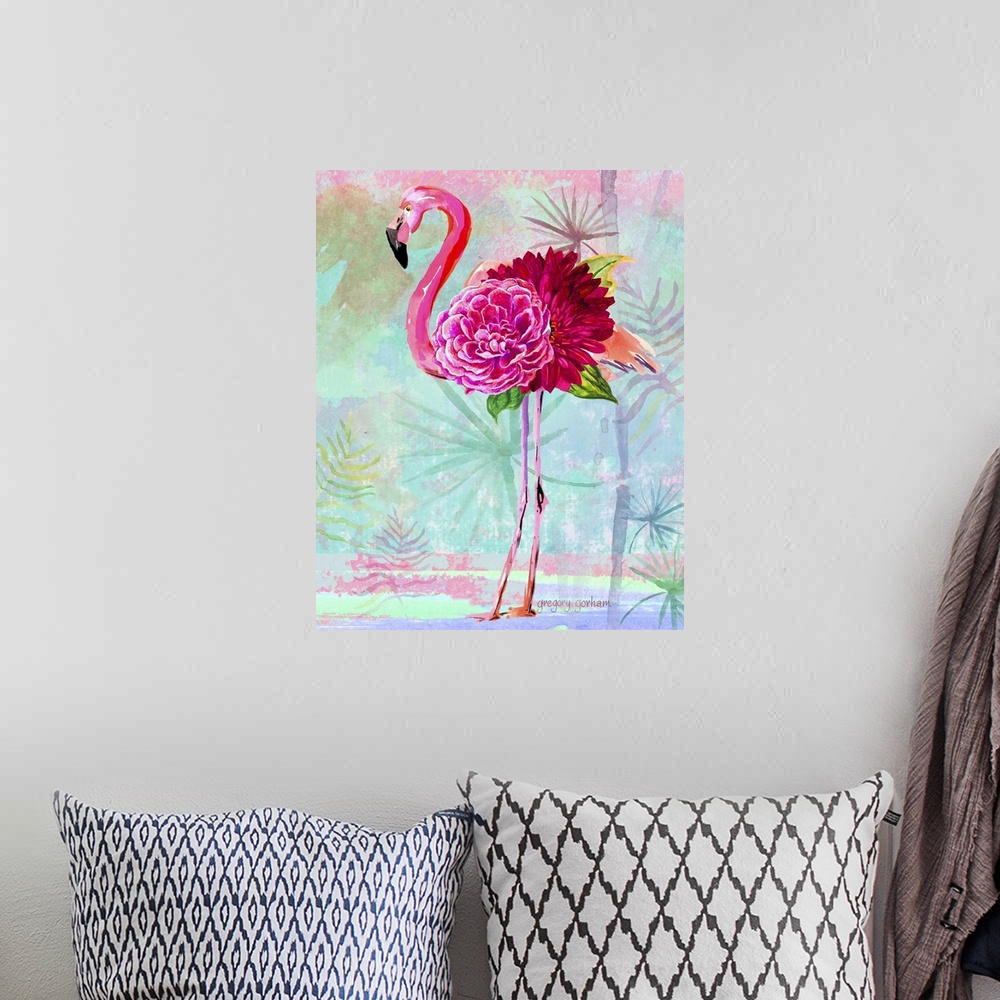 A bohemian room featuring Pink flamingo made out of flowers on a tropical background.