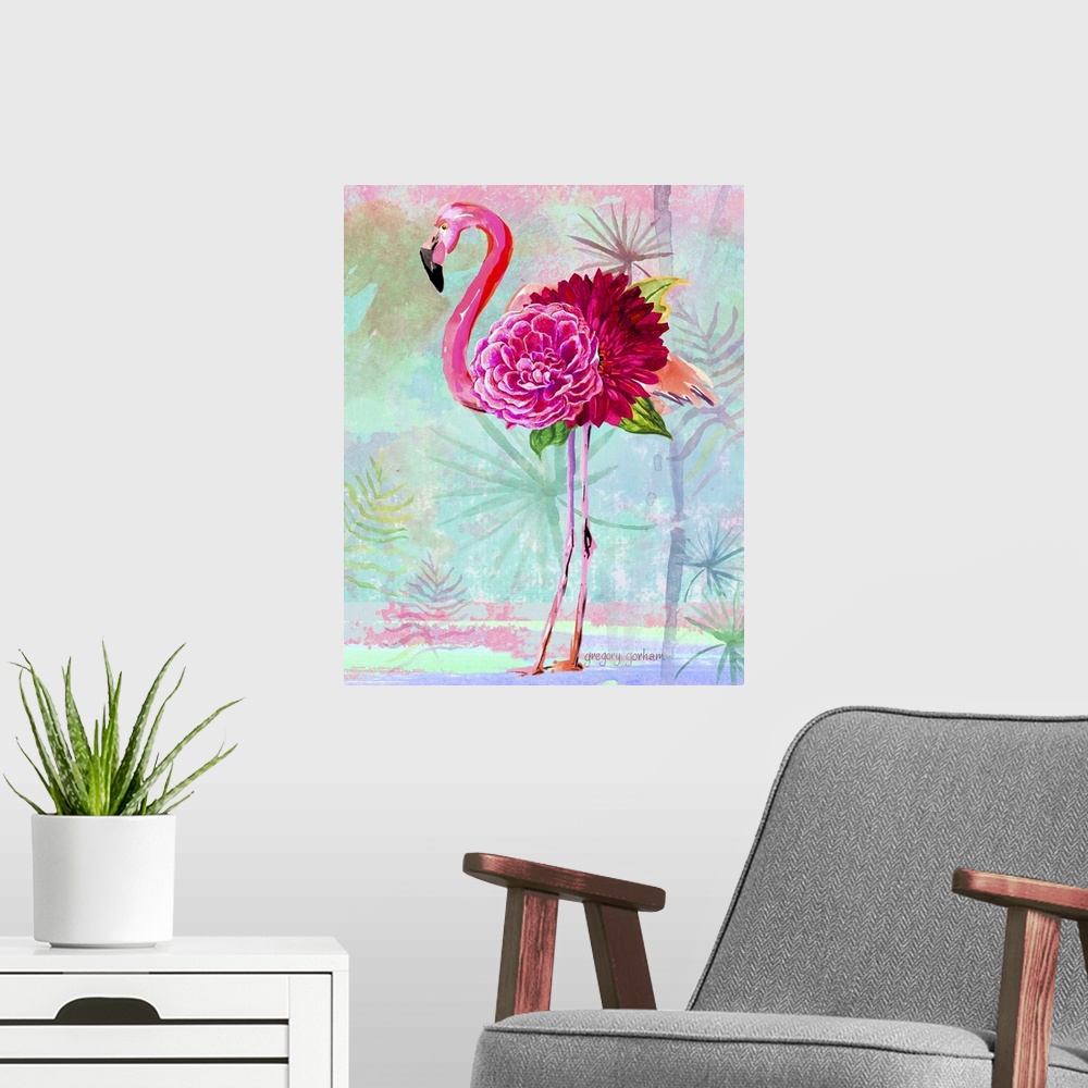 A modern room featuring Pink flamingo made out of flowers on a tropical background.