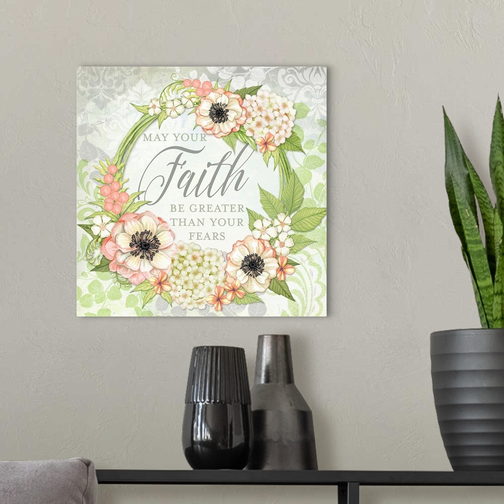 A modern room featuring A delicate floral wreath frames this heartfelt sentiment