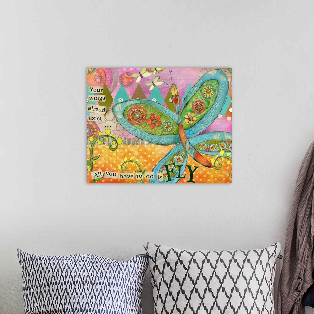 A bohemian room featuring Inspirational butterfly collage adds a delicate but meaningful touch to decor.