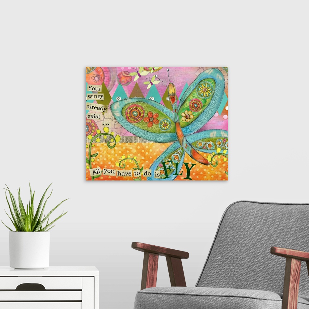 A modern room featuring Inspirational butterfly collage adds a delicate but meaningful touch to decor.