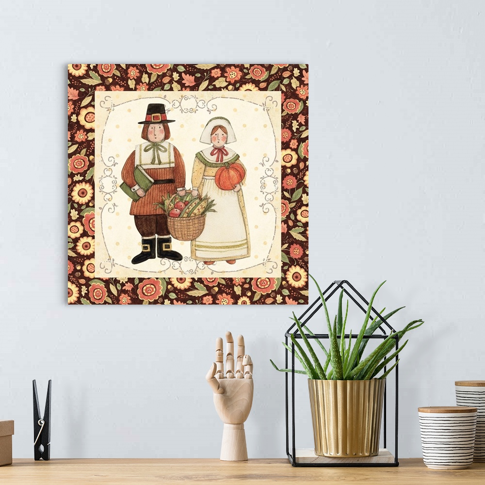 A bohemian room featuring A charming primitive Thanksgiving motif for your seasonal accent!