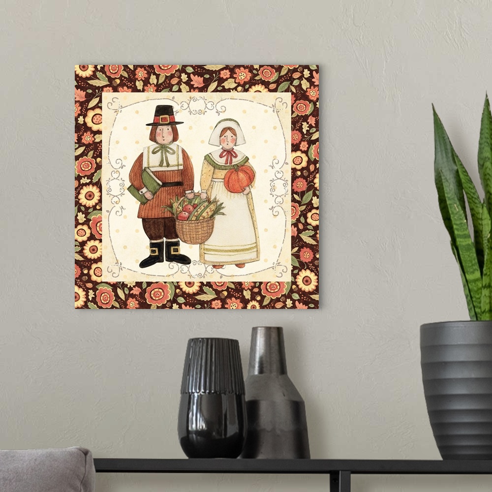 A modern room featuring A charming primitive Thanksgiving motif for your seasonal accent!