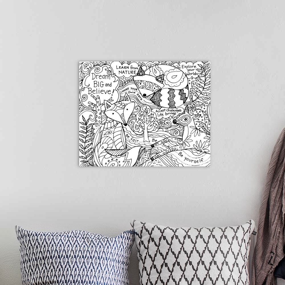 A bohemian room featuring Cute coloring artwork of forest creatures including a fox, deer, and raccoon.