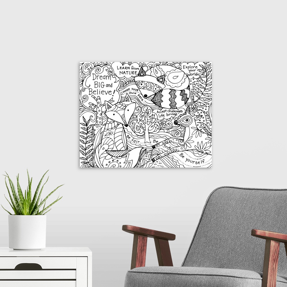 A modern room featuring Cute coloring artwork of forest creatures including a fox, deer, and raccoon.