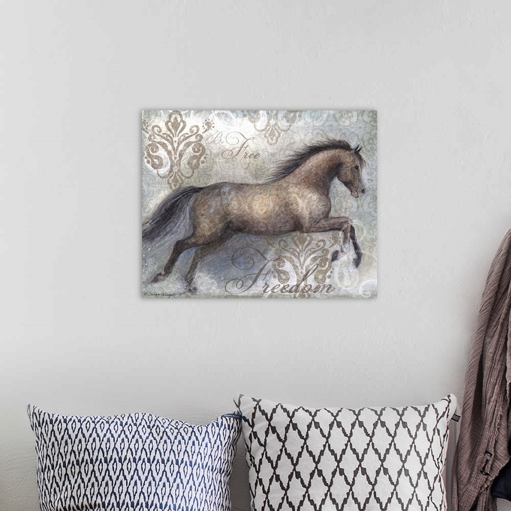 A bohemian room featuring Stunning depiction of this beautiful creature called the horse