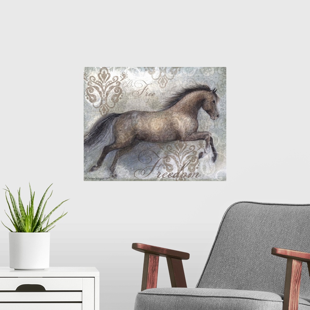 A modern room featuring Stunning depiction of this beautiful creature called the horse