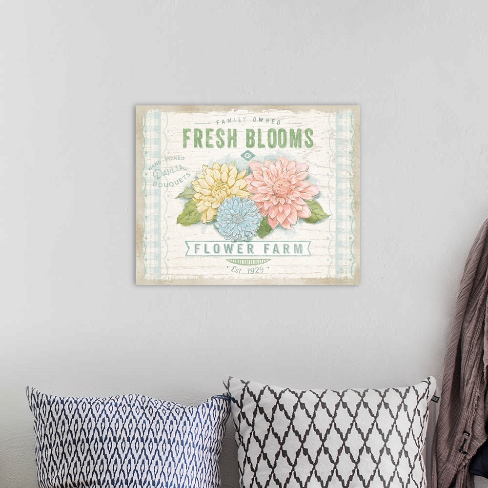 A bohemian room featuring A softly colored bouquet of country flowers for any room.