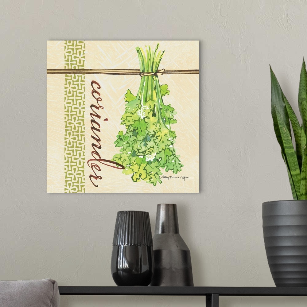 A modern room featuring A lovely botanical treatment for the coriander leafa perfect kitchen decor accent.