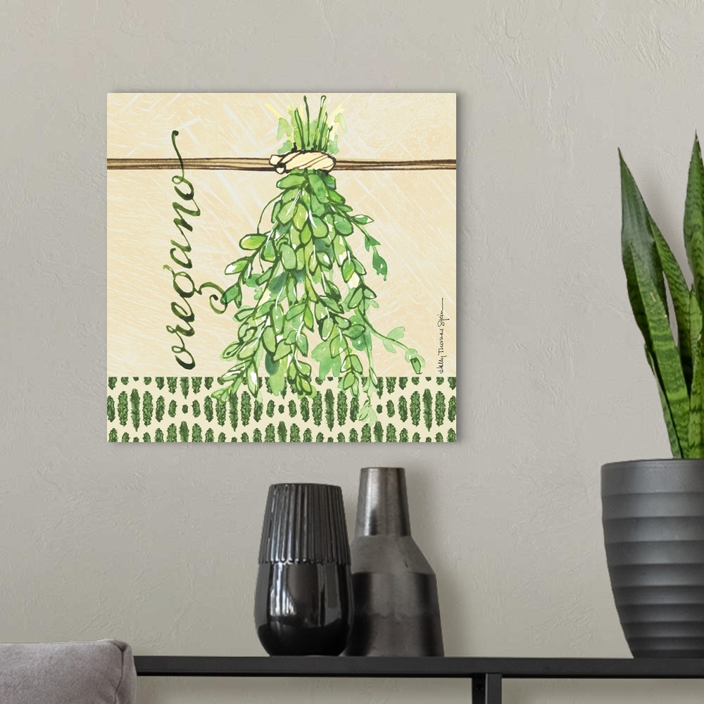 A modern room featuring A lovely botanical treatment for the oregano leafa perfect kitchen decor accent.