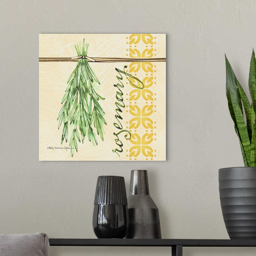 A modern room featuring A lovely botanical treatment for the rosemary leafa perfect kitchen decor accent.