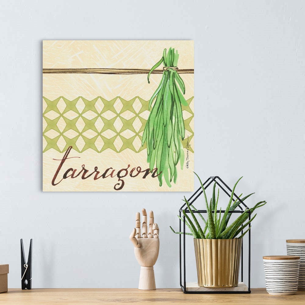 A bohemian room featuring A lovely botanical treatment for the tarragon leafa perfect kitchen decor accent.
