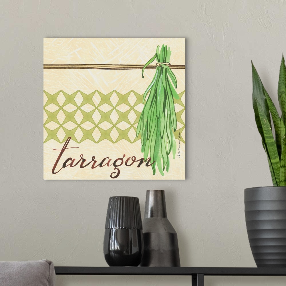 A modern room featuring A lovely botanical treatment for the tarragon leafa perfect kitchen decor accent.