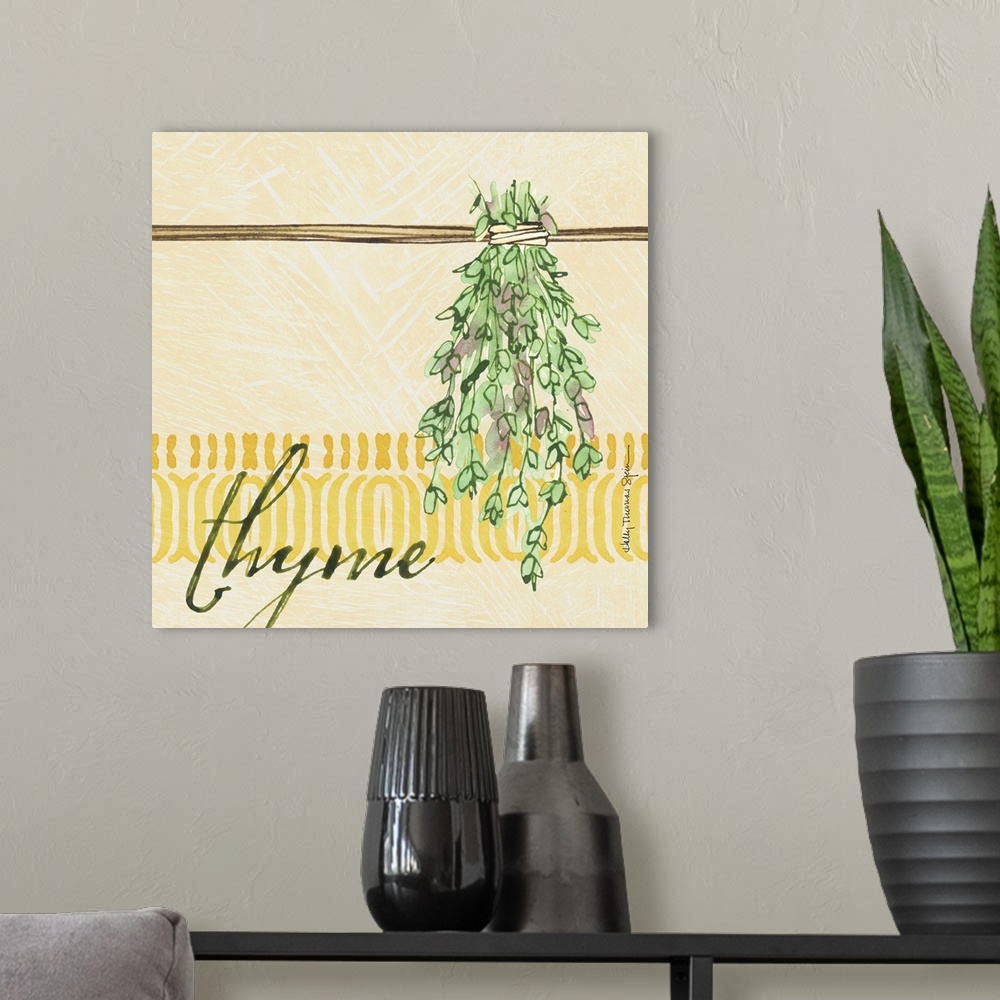 A modern room featuring A lovely botanical treatment for the thyme leafa perfect kitchen decor accent.