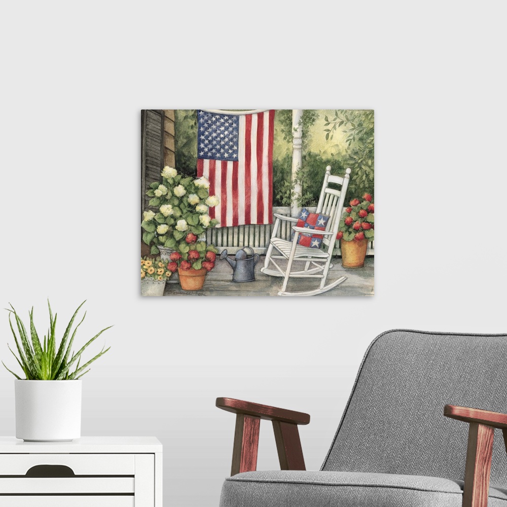 A modern room featuring Front porch setting with white rocking chair, flowers and big american flag.