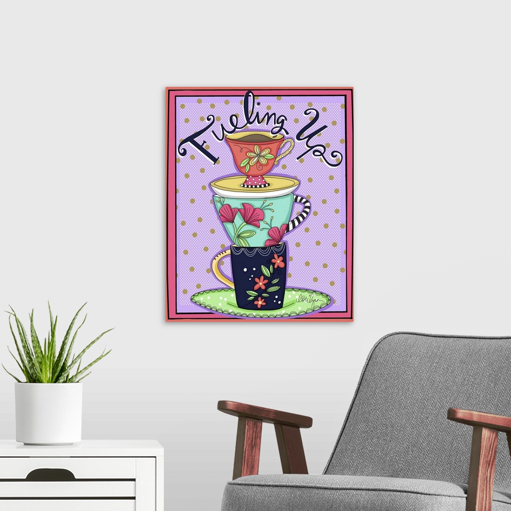 A modern room featuring Coffee Lovers will appreciate this colorful statement, "Fueling Up"