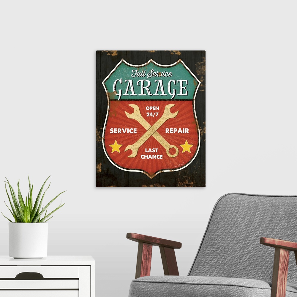 A modern room featuring A digital illustration of a full service garage sign with an antique appearance.