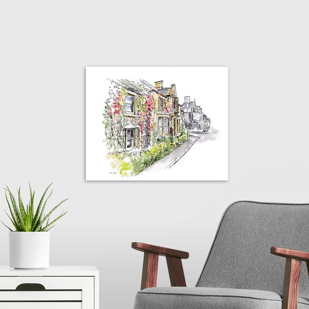 A modern room featuring A lovely pen and ink depiction of a genteel European city street
