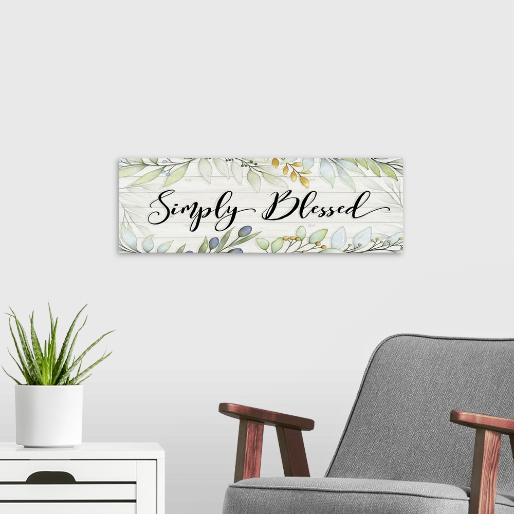 A modern room featuring Gathered greenery on a trend-forward shiplap background, accented with a touch of inspriational