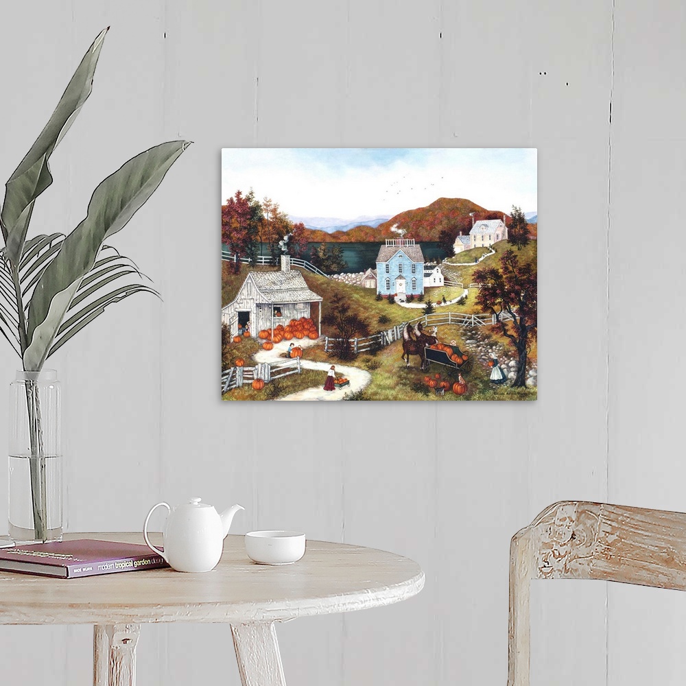 A farmhouse room featuring A contemporary painting of a countryside village scene in autumn.
