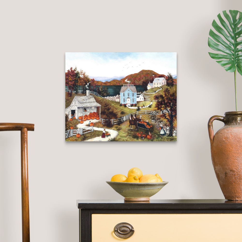 A traditional room featuring A contemporary painting of a countryside village scene in autumn.