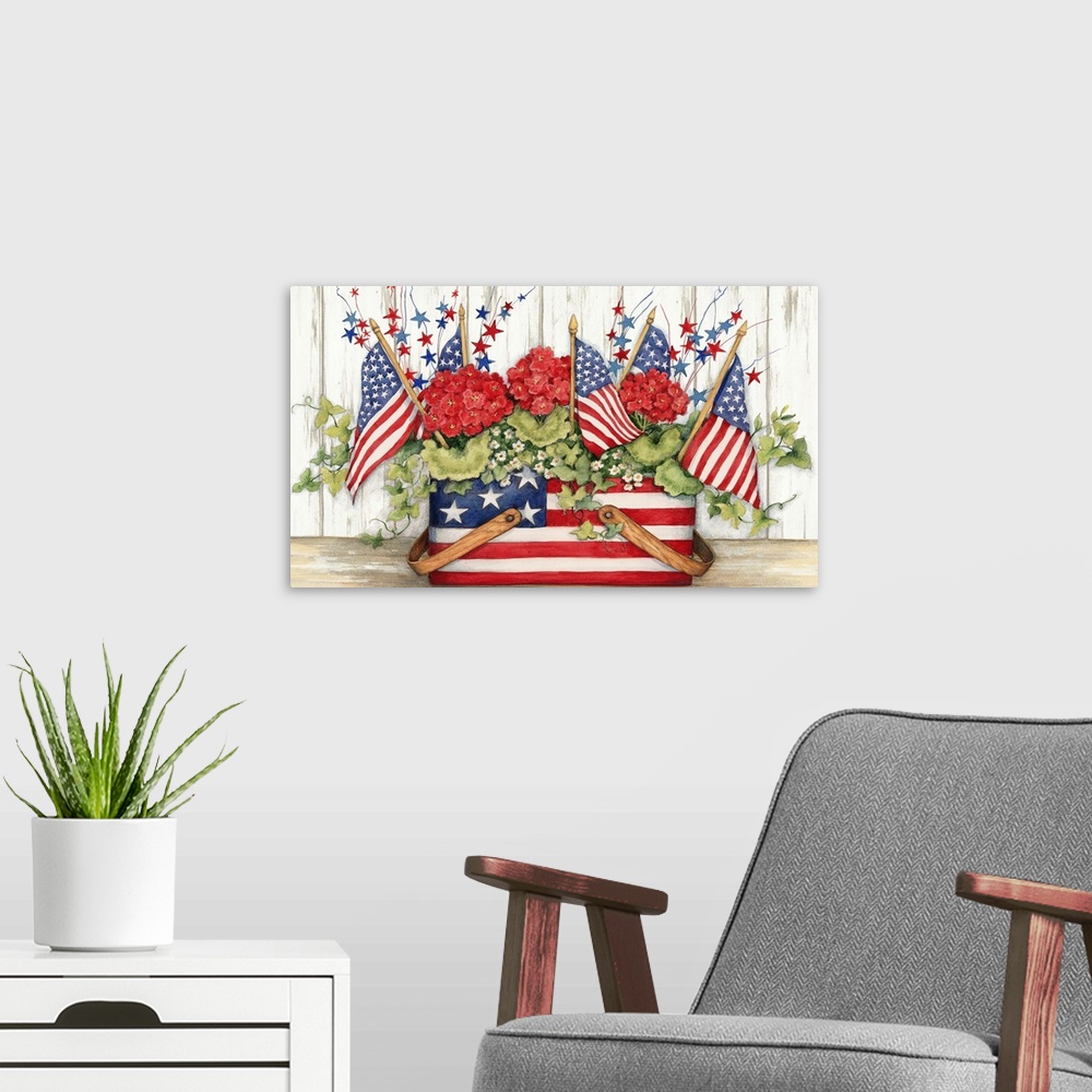 A modern room featuring Patriotism soars with this red, white and blue flag basket!