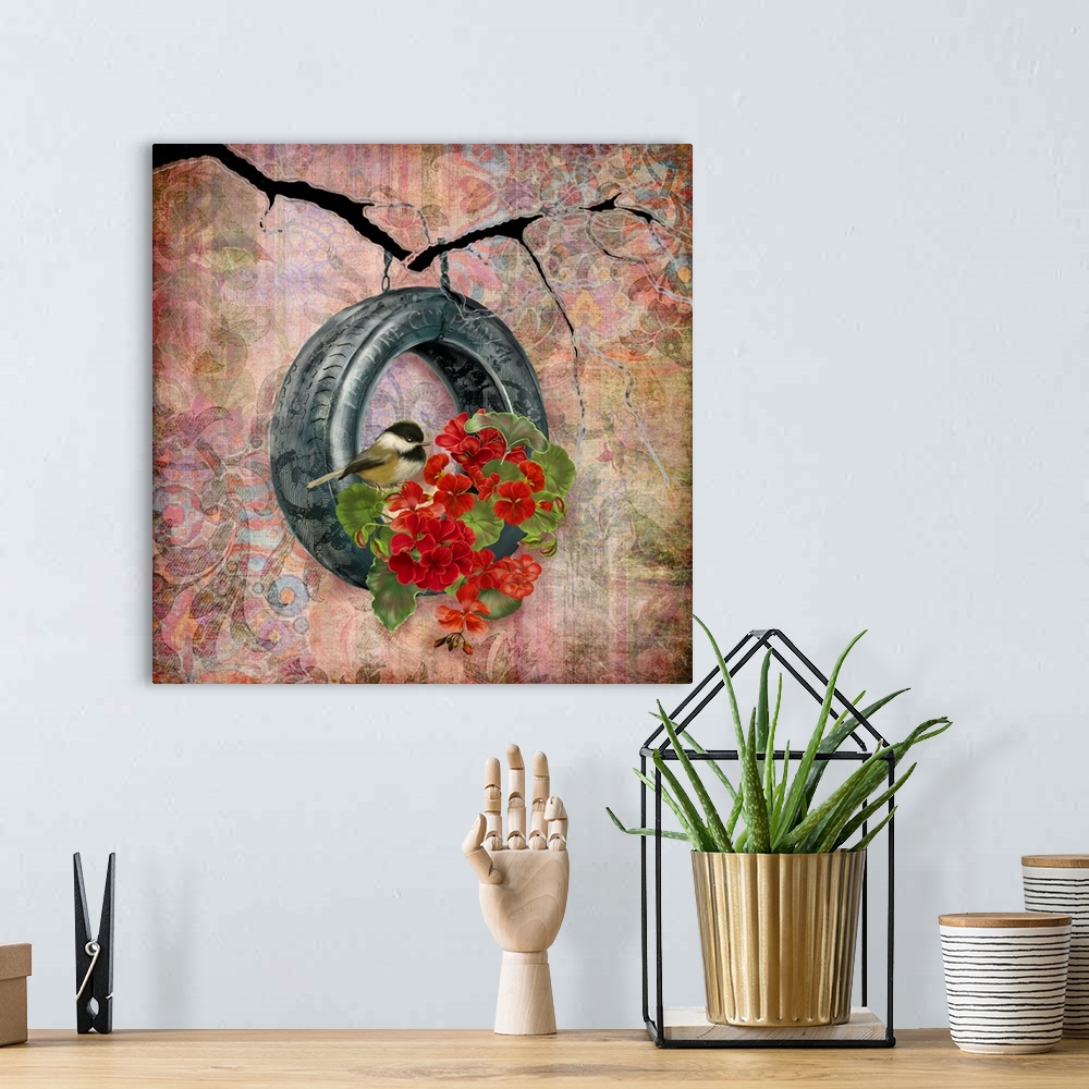 A bohemian room featuring Lovely, intriguing and eye-catching image of a tire swing with Geraniums.