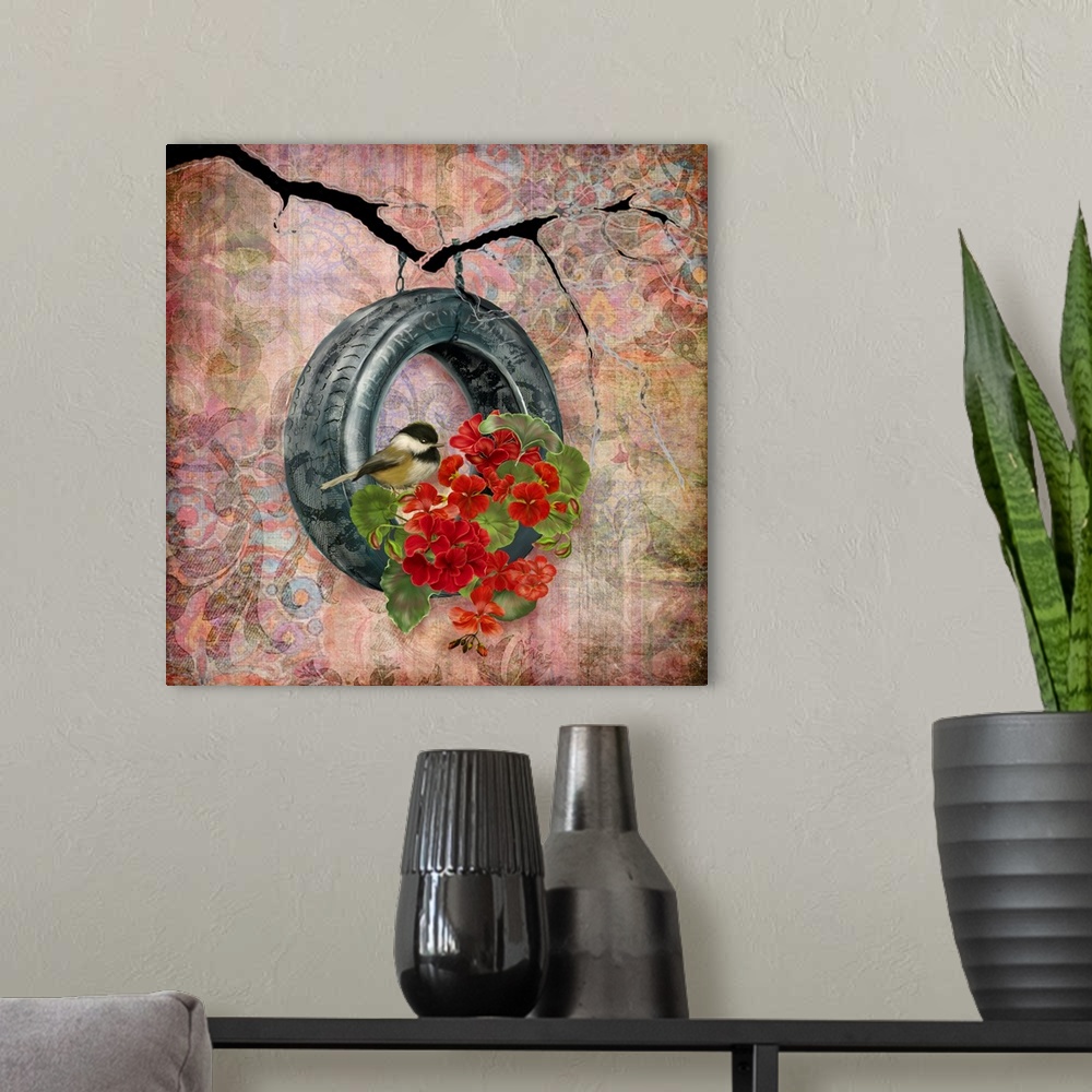 A modern room featuring Lovely, intriguing and eye-catching image of a tire swing with Geraniums.