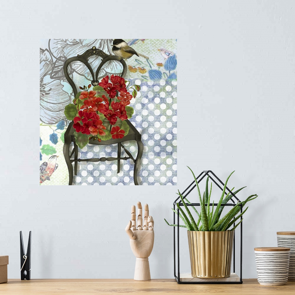 A bohemian room featuring Lovely, intriguing and eye-catching image of a chair with Geraniums.