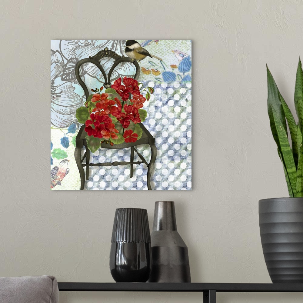 A modern room featuring Lovely, intriguing and eye-catching image of a chair with Geraniums.