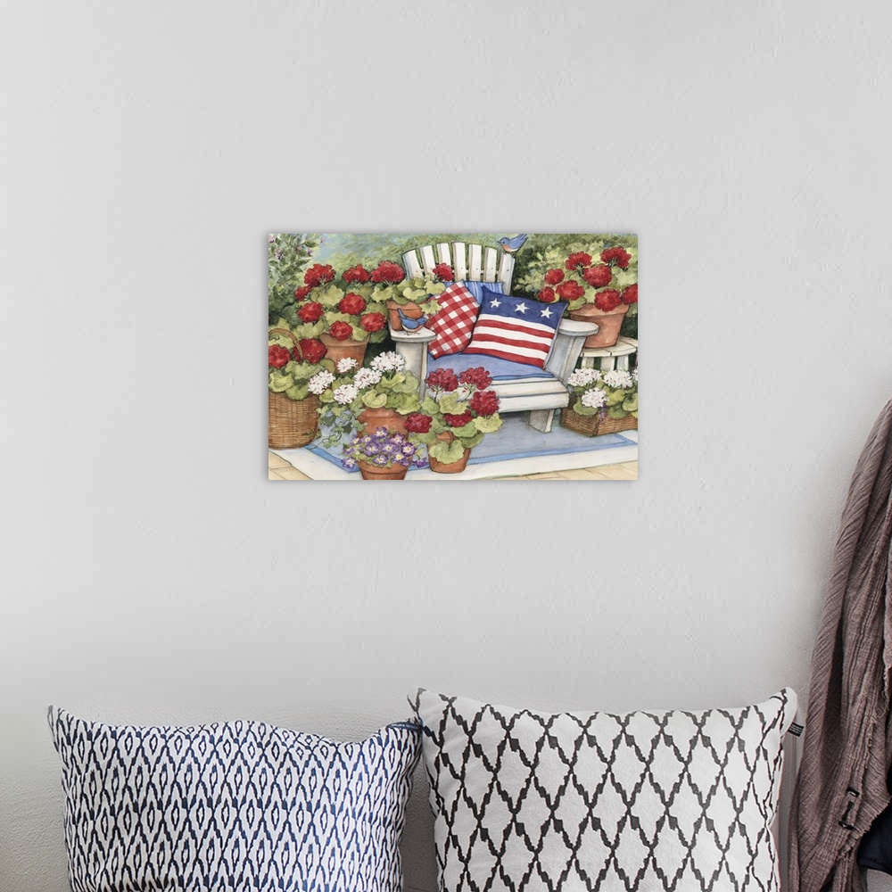 A bohemian room featuring Patriotism soars with this red, white and blue flag basket!