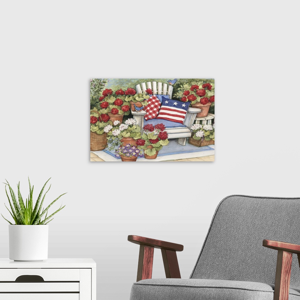 A modern room featuring Patriotism soars with this red, white and blue flag basket!