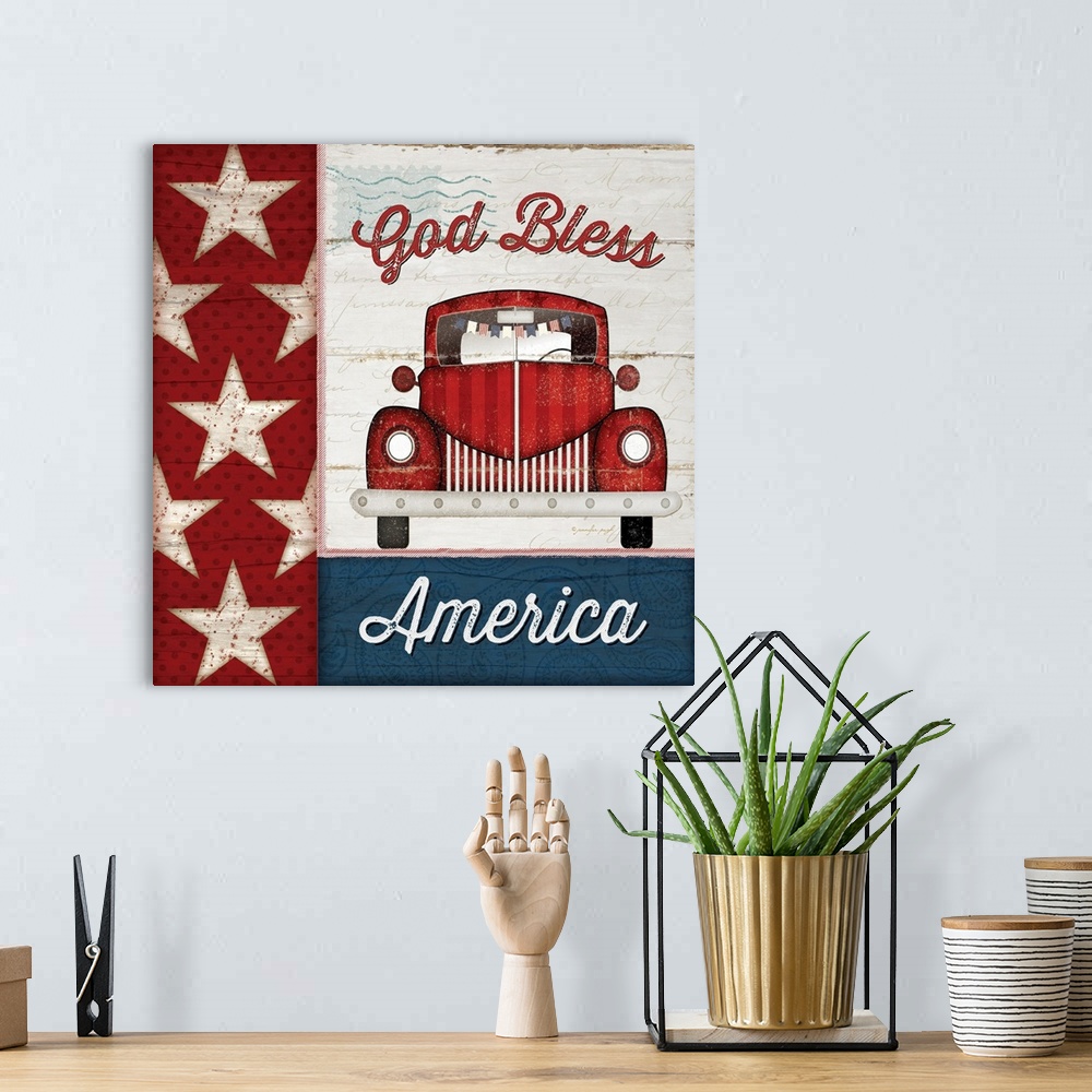 A bohemian room featuring An assortment of Americana themed items stylized in a distressed fashion with the words, "God Ble...
