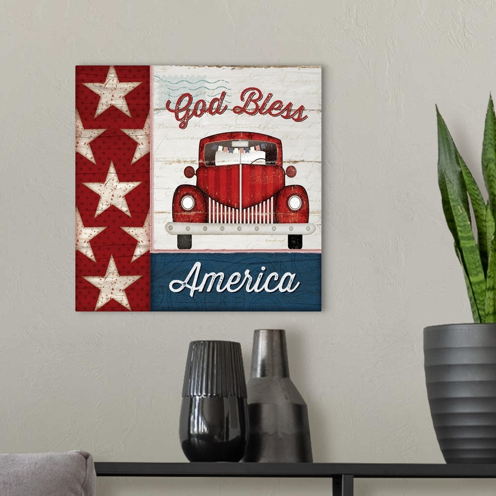 A modern room featuring An assortment of Americana themed items stylized in a distressed fashion with the words, "God Ble...