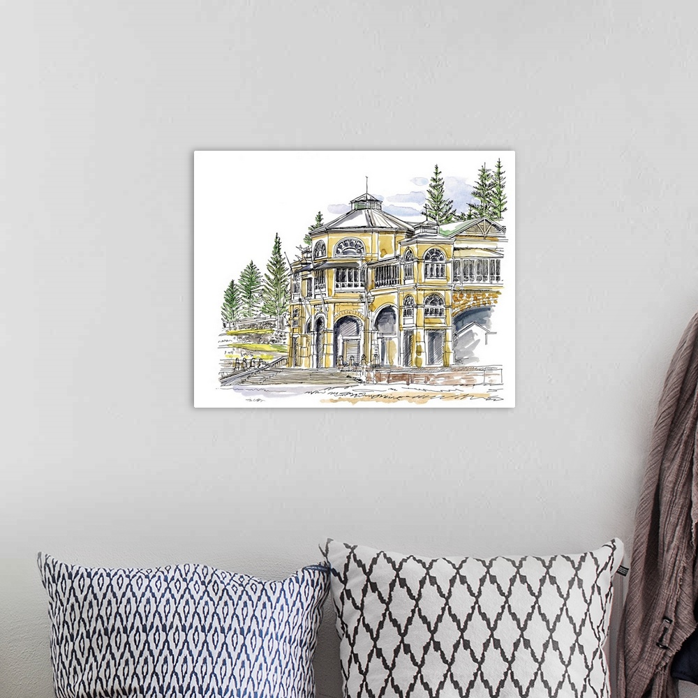 A bohemian room featuring A lovely pen and ink depiction of a golden lit structure