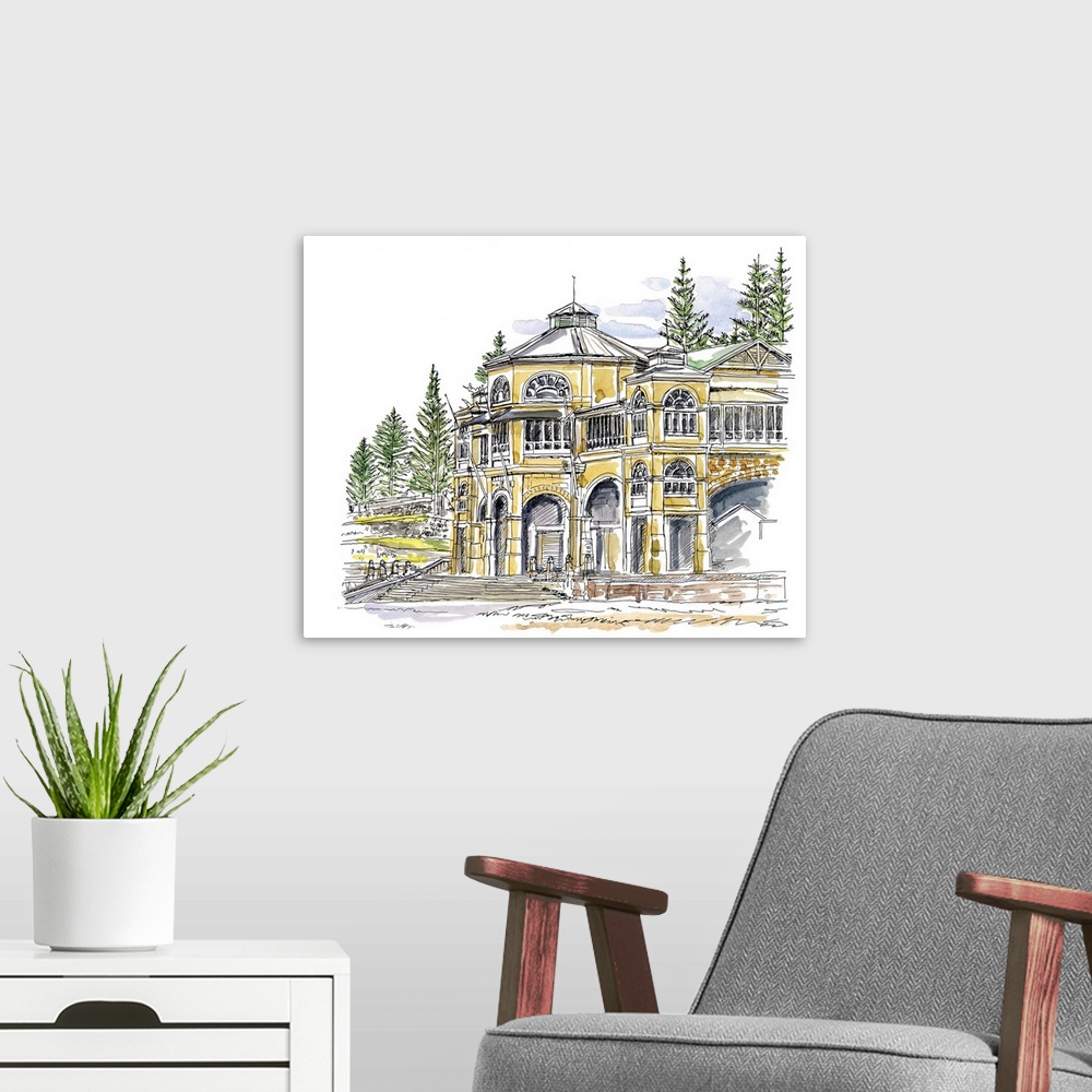 A modern room featuring A lovely pen and ink depiction of a golden lit structure