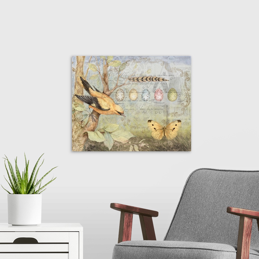 A modern room featuring Elegant bird montage that is a beautiful nature accent for any decor.