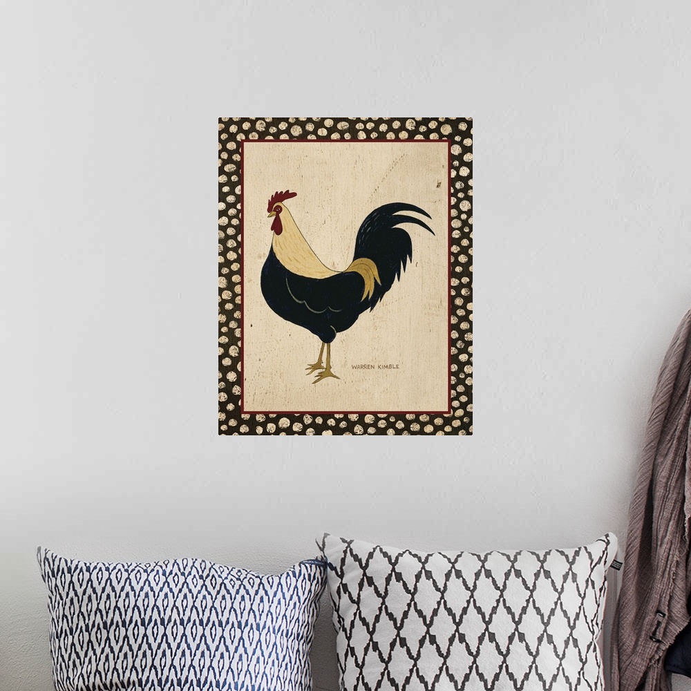 A bohemian room featuring Delightful folk art images of chickens by renowned folk artist, Warren Kimble