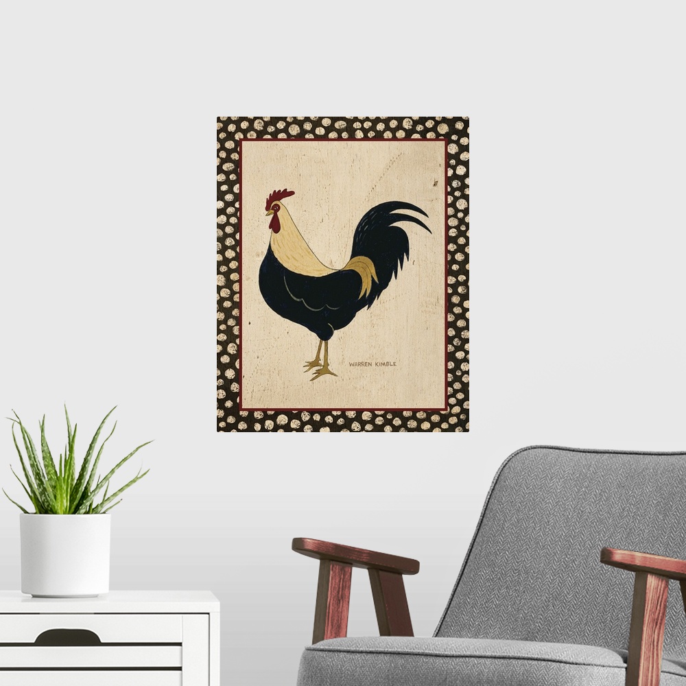 A modern room featuring Delightful folk art images of chickens by renowned folk artist, Warren Kimble
