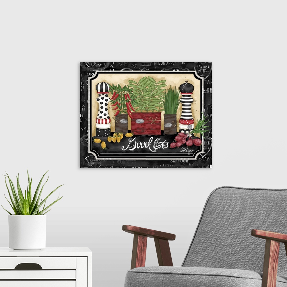 A modern room featuring Celebrate cooking with this fun piece of art, perfect for kitchen decor!