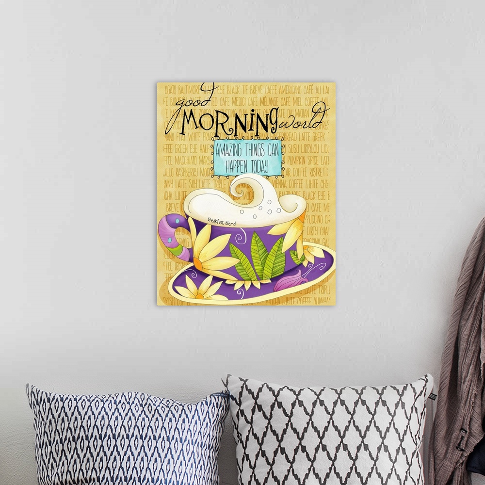 A bohemian room featuring whimsical tea-themed art, perfect for kitchen decor