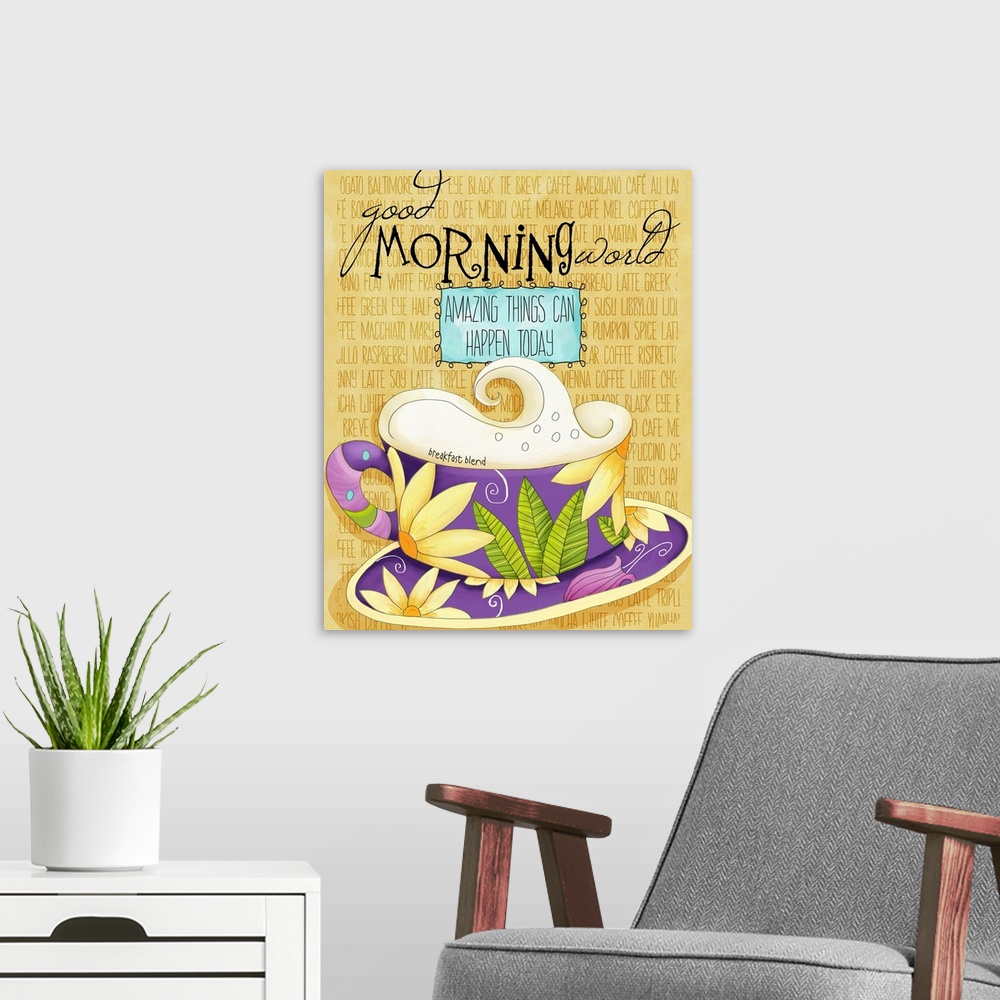 A modern room featuring whimsical tea-themed art, perfect for kitchen decor