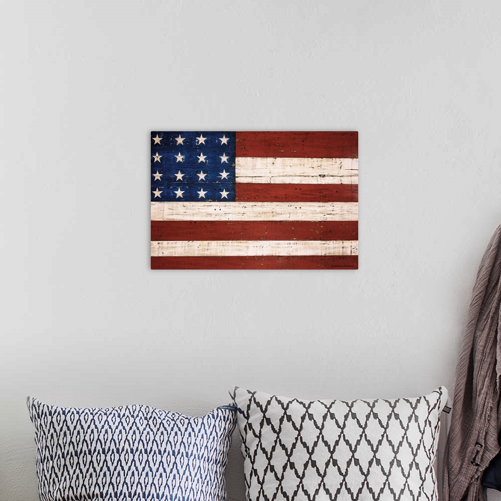 A bohemian room featuring Gicloe print of an Americana folk art painting of an American Flag (stylized with eight stars and...