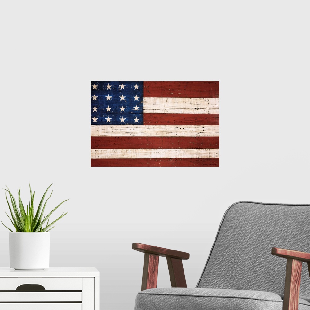 A modern room featuring Gicloe print of an Americana folk art painting of an American Flag (stylized with eight stars and...